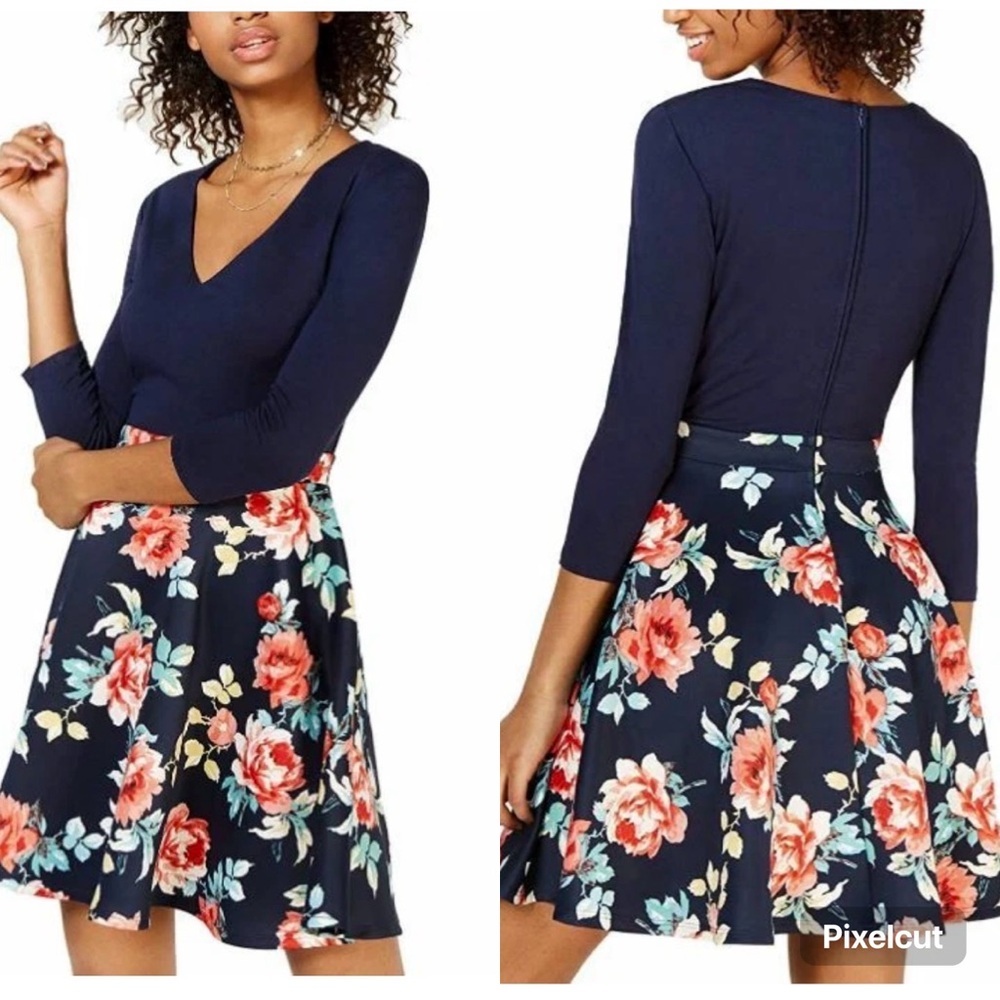 NWT City Studio Juniors Navy Dress With Contrast Floral A-Line Mini Skirt Size 9